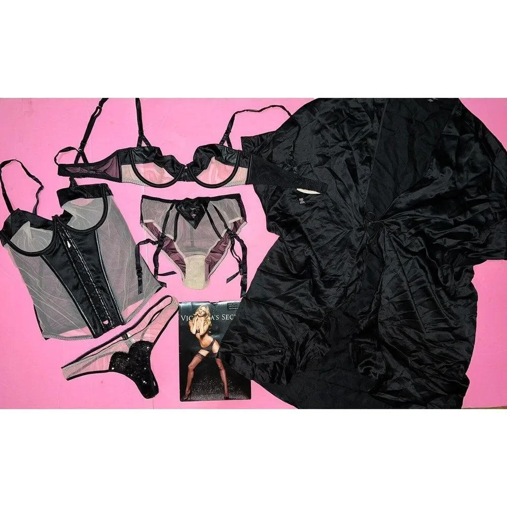 Victoria's Secret unlined 34B BRA SET+CORSET+GARTER panty NUDE Beige Black satin